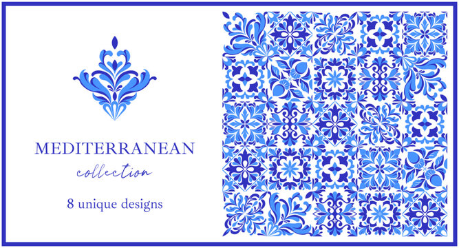 Italian ceramic blue and white tile pattern. Mediterranean porcelain pottery. Ethnic folk ornament. Mexican talavera, portuguese azulejo, spanish majolica, arabesque motif. Vector illustration