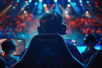 A close-up of an e-sports arena, showing intense players focused on their screens 