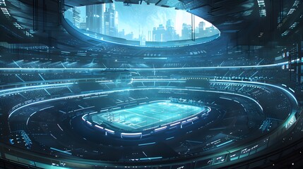 A futuristic stadium with transparent seats and glowing fields, in a high-tech city style