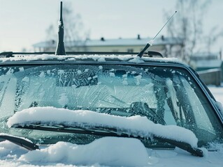 Frosty Morning in Sweden: A Close-Up of a Snow-Covered Car with Raised Windshield Wipers