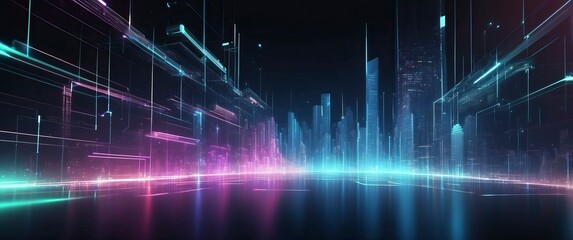 A vibrant, futuristic city skyline illuminated with neon lights, perfect for technology themes, sci fi concepts, and digital innovations