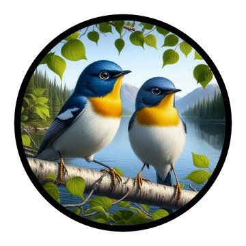 A circular 3D rendered watercolor painting of a male and female Northern Parula, perched on a tree branch, isolated on a transparent background