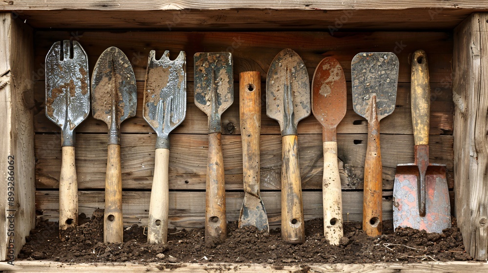 Poster illustration of a set of trowels with wooden handles in an organized storage setting centered with e