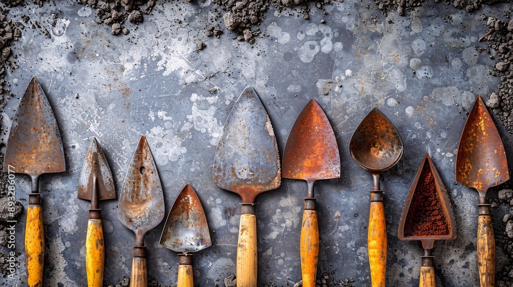 Poster Illustration of a set of trowels with wooden handles in an organized storage setting centered with empty space on the left Stock Photo with copy space
