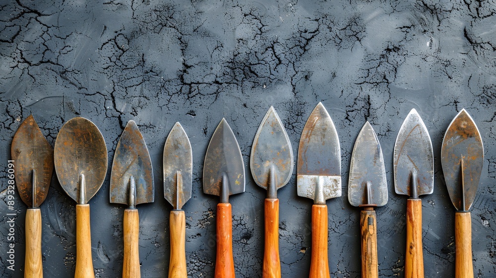 Poster Illustration of a set of trowels with wooden handles in an organized storage setting centered with empty space on the left Stock Photo with copy space