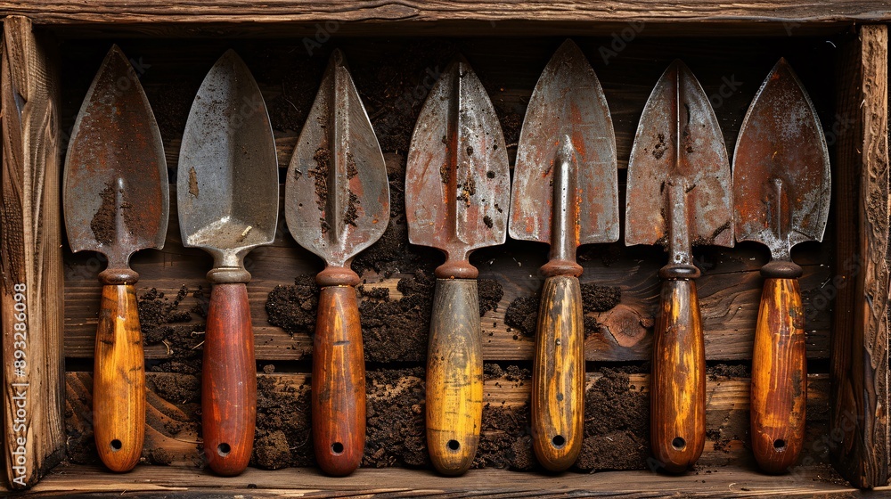 Poster Illustration of a set of trowels with wooden handles in an organized storage setting centered with empty space on the left Stock Photo with copy space