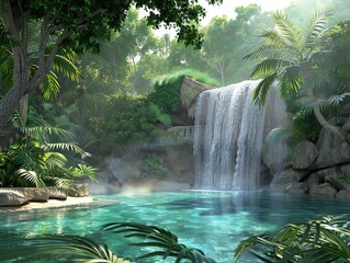 Tranquil jungle waterfall cascading into a crystal-clear pool.
