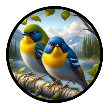 A circular 3D rendered watercolor painting of a male and female Northern Parula, perched on a tree branch, isolated on a transparent background