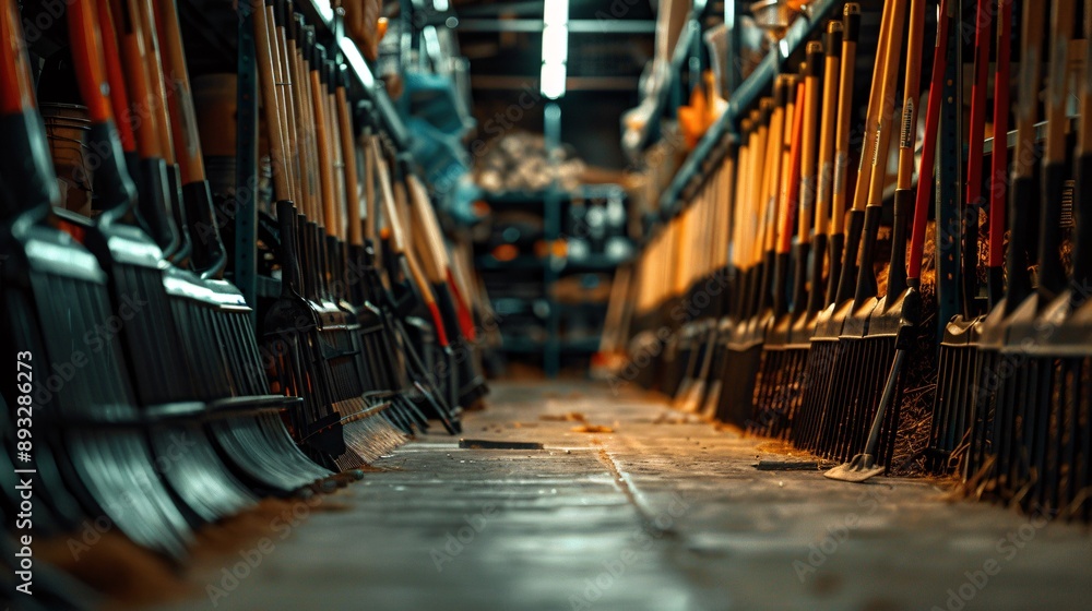 Poster Illustration of a set of rakes with various tine configurations hanging neatly in a storage area centered with significant empty space on the left Stock Photo with copy space