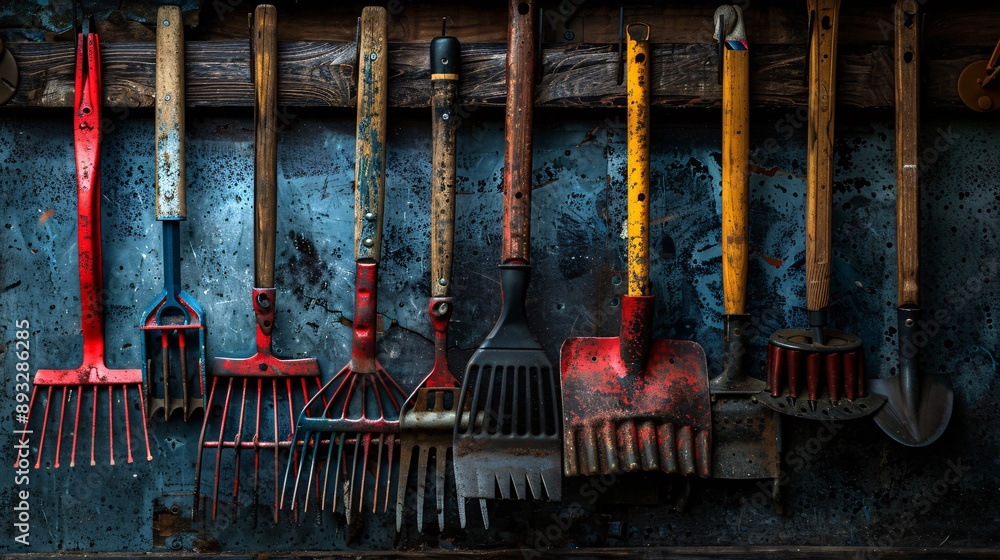 Poster illustration of a set of rakes with various tine configurations hanging neatly in a storage area cen