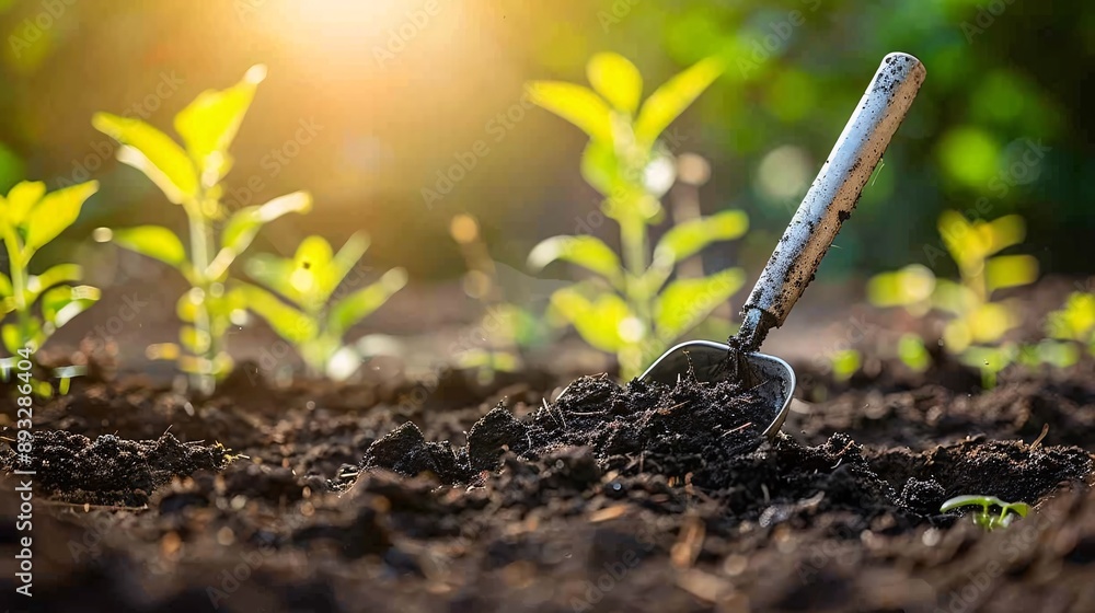 Poster Illustration of a trowel in use digging into rich, dark soil with plants in the background centered with empty space around the edges Stock Photo with copy space