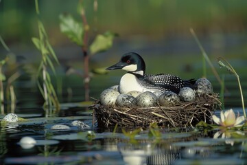 Obraz premium Red-throated loon (Gavia stellata) atop eggs in nest beside pond
