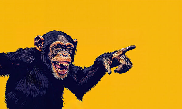 un chimpanz&eacute; se moque de quelque chose en le montrant du doigt et en rigolant - illustration sur fond jaune uni