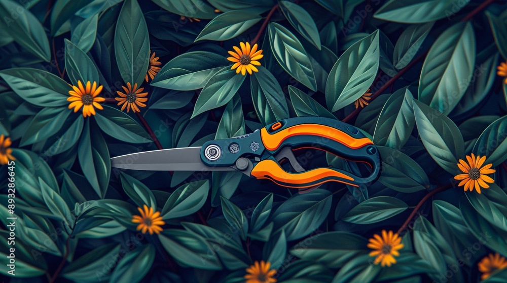 Aufkleber Illustration of pruners with a locking mechanism shown cutting small branches in a garden centered with significant empty space around the edges Stock Photo with copy space