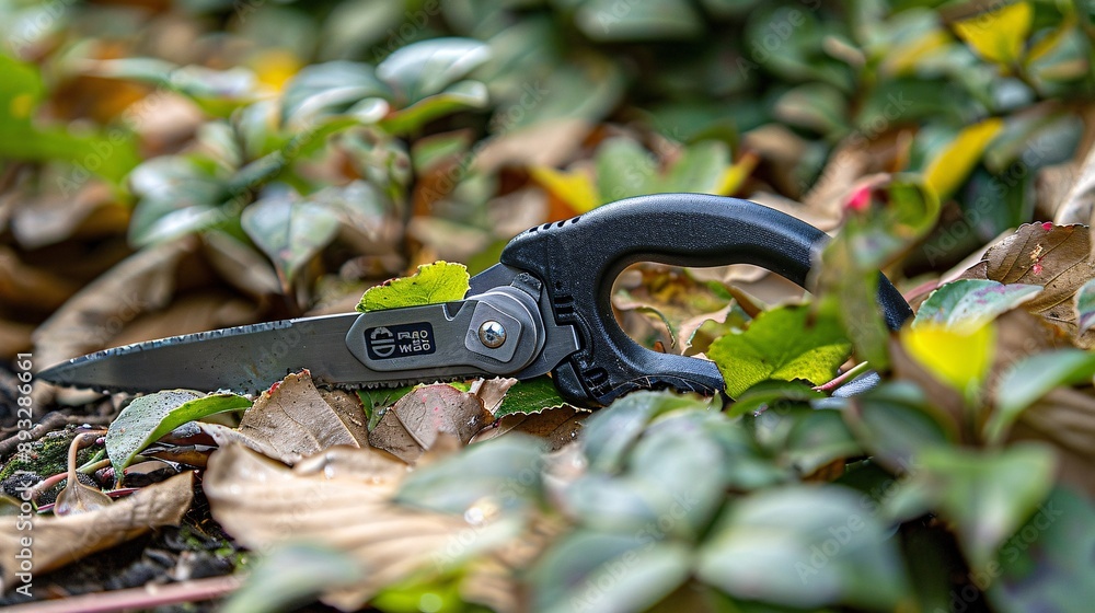 Aufkleber Illustration of pruners with a locking mechanism shown cutting small branches in a garden centered with significant empty space around the edges Stock Photo with copy space