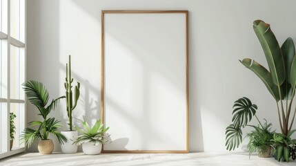Empty wooden frame with botanical decor in white interior, blank space