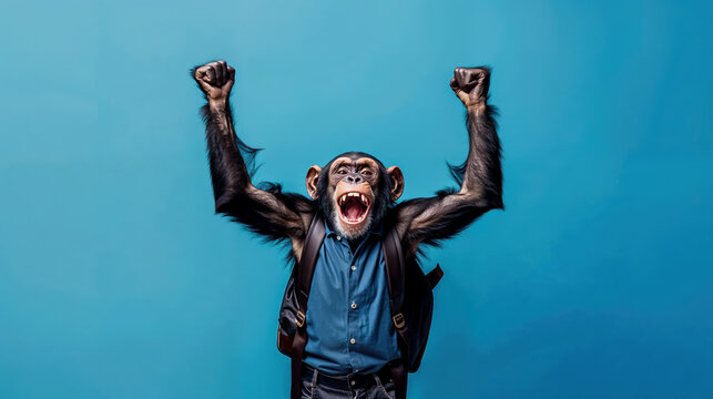 un chimpanz&eacute; avec une chemise et un cartable l&egrave;ve les bras en l'air parce qu'il est content des bonnes affaires de la rentr&eacute;e