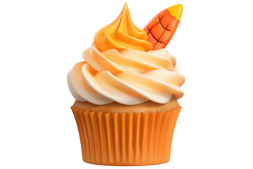 Orange cupcake halloween themed with frosting and candy corn on top isolated on transparent background PNG cutout
