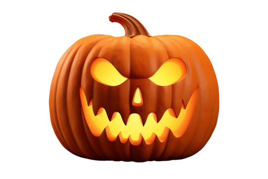 recommend clip art: glowing carved pumpkin jack o lantern evil smile looking straight 3D render style halloween concept isolated on transparent background