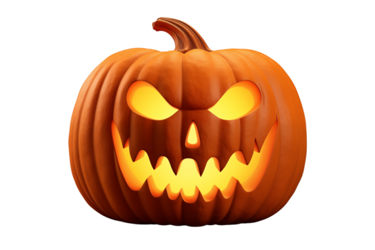 glowing carved pumpkin jack o lantern evil smile looking straight 3D render style halloween concept isolated on transparent background