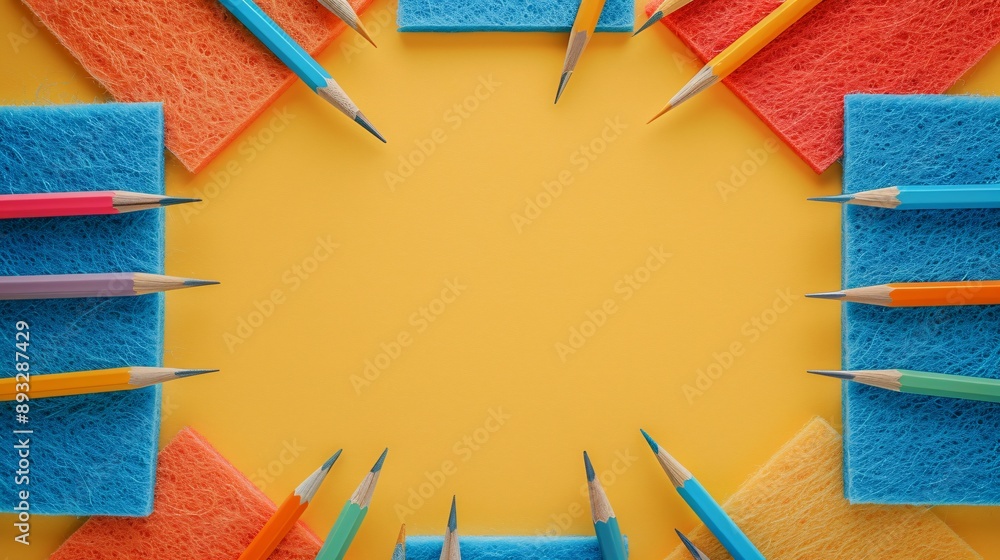 Poster Illustration of a flat lay of colorful felt sheets and cutting tools arranged neatly on a table centered with empty space around the edges Stock Photo with copy space