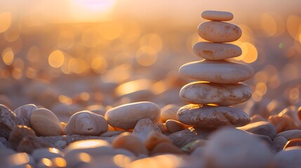 Obraz premium Zen Balance Stacked Stones with Sunset Beach Background for Nature Peaceful Serenity Meditation Concept.