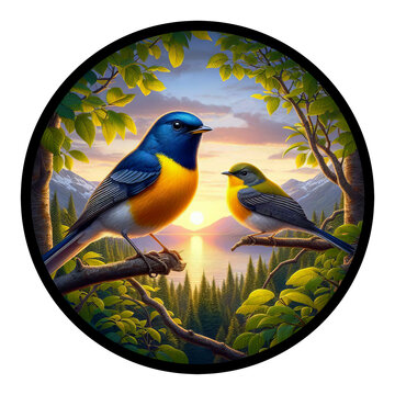 A circular 3D rendered watercolor painting of a male and female Northern Parula, perched on a tree branch, isolated on a transparent background