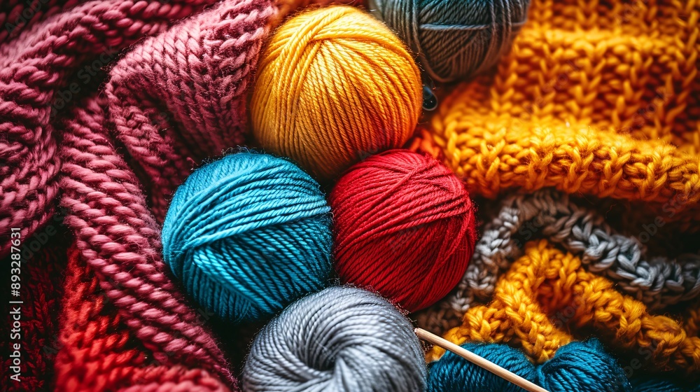 Poster detailed depiction of yarn balls and knitting needles laid out in a cozy flat lay style centered wit