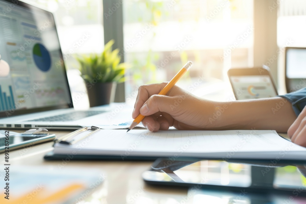 Poster in a modern office, a man is deep in work, jotting down notes on a notepad while studying business d