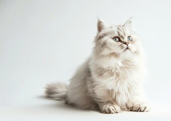 Cute Smiling  Persian cat Sitting on a White Background, Realistic HD Photography