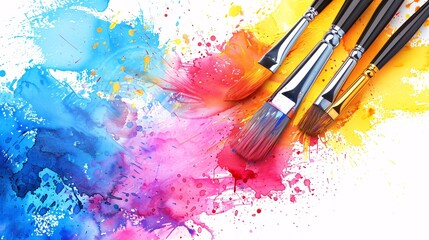 Obraz premium Detailed drawing of paintbrushes with varying bristle shapes dipped in different colored paints centered with empty space around the edges Stock Photo with copy space