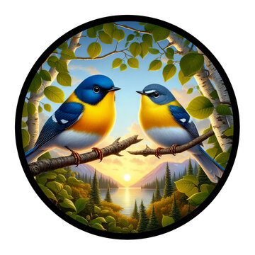 A circular 3D rendered watercolor painting of a male and female Northern Parula, perched on a tree branch, isolated on a transparent background