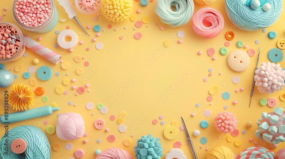 Poster Illustration of a flat lay of crafting supplies like felt sheets, buttons, and sewing needles arranged neatly on a table centered with significant empty space on the right Stock Photo with copy space
