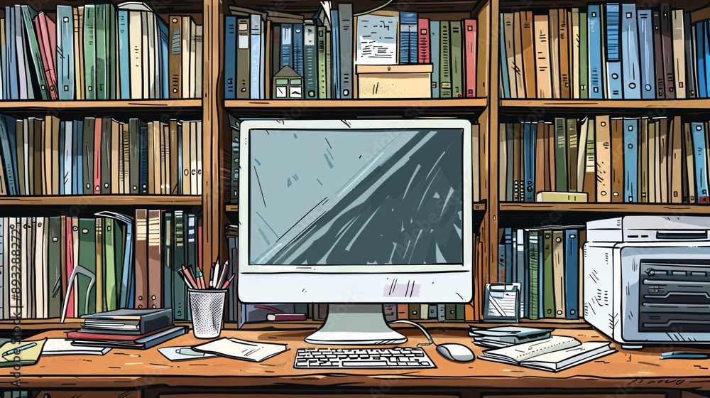 Aufkleber Detailed drawing of a home office environment with a computer, notebook, and various office supplies arranged neatly centered with significant empty space on the left Stock Photo with copy space