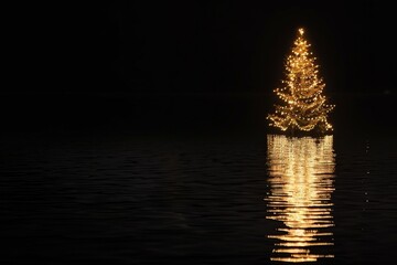 A beautiful depiction of a Christmas tree glowing on dark waters, creating a magical and serene atmosphere that evokes peace and harmony. The enchanting scene inspires a festive celebration