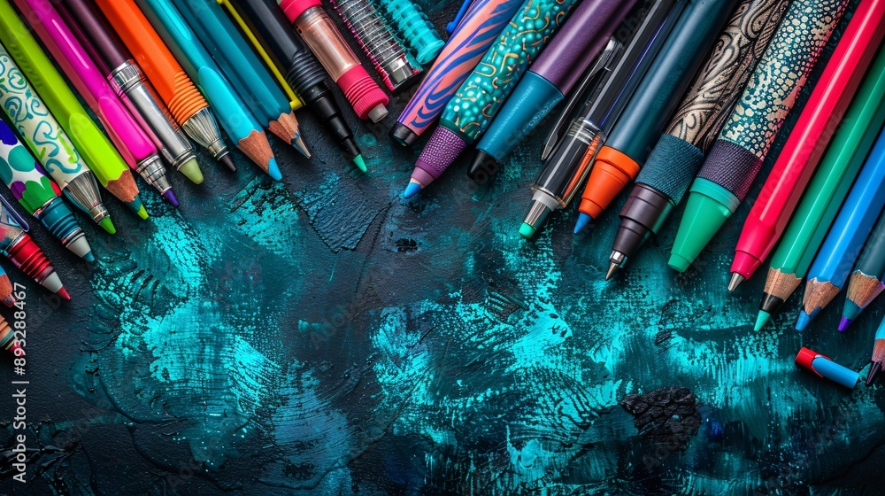 Poster high-detail drawing of colorful pens, pencils, and highlighters laid out in a flat lay style centere