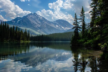 Tranquil mountain lake scene with clear blue water and towering peaks