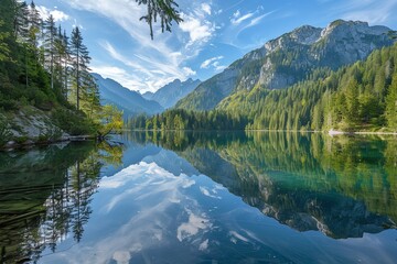 Naklejka premium Tranquil mountain lake with clear blue water and lush green trees reflecting in the water.