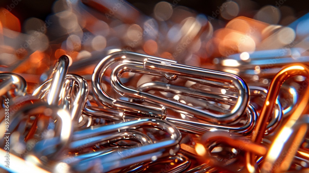 Aufkleber High-detail illustration of paper clips and binder clips arranged in a tidy pile on a desk centered with significant empty space on the right Stock Photo with copy space