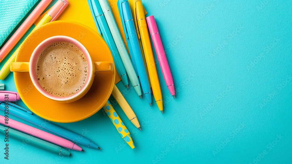 Aufkleber illustration of a desk with a planner, pens, and a cup of coffee arranged neatly centered with empty
