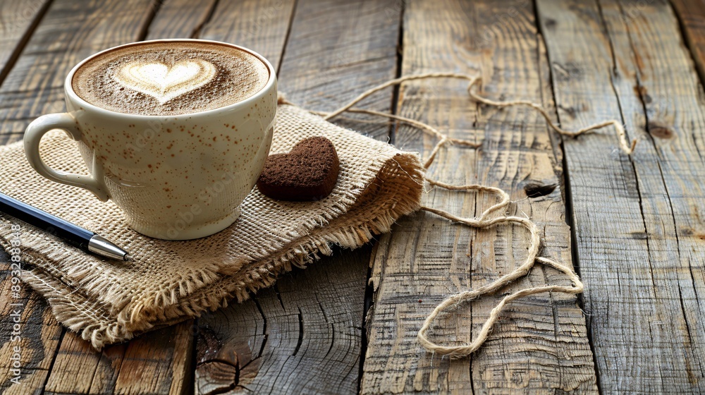 Poster Illustration of a desk with a planner, pens, and a cup of coffee arranged neatly centered with empty space around the edges Stock Photo with copy space