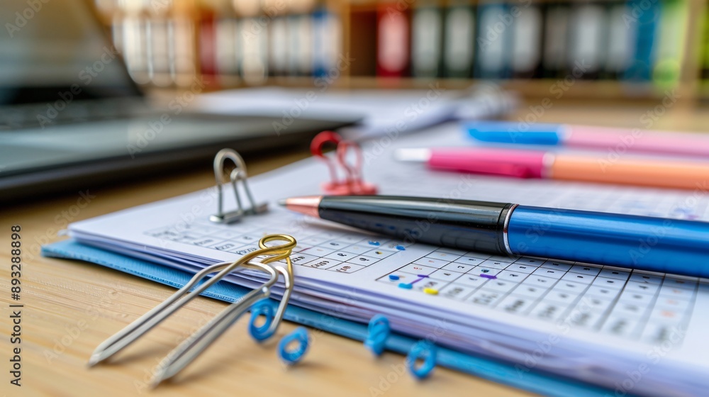 Aufkleber detailed depiction of an office environment with a notebook, pens, and paper clips scattered on a de