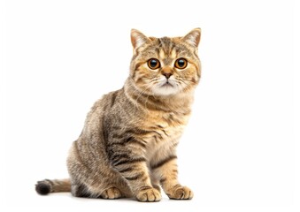 Cute Smiling Scottish Fold cat Sitting on a White Background, Realistic HD Photography
