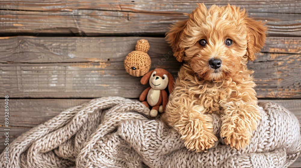 Poster Detailed depiction of a plush pet bed with a soft blanket and a few dog toys scattered around it centered with empty space around the edges Stock Photo with copy space