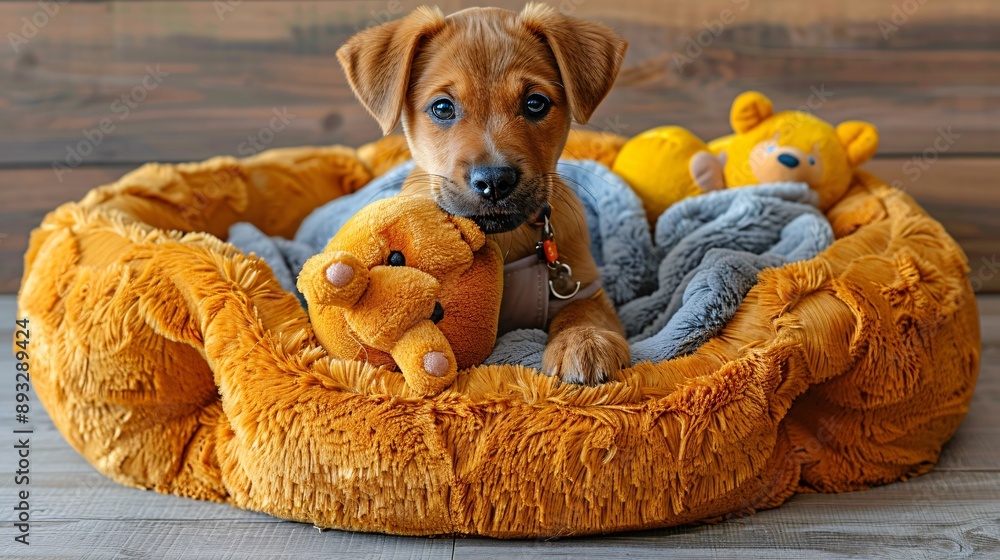 Poster Detailed depiction of a plush pet bed with a soft blanket and a few dog toys scattered around it centered with empty space around the edges Stock Photo with copy space