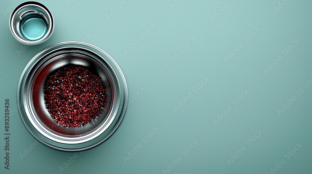 Poster illustration of a stainless steel food bowl filled with kibble and a water bowl beside it centered w