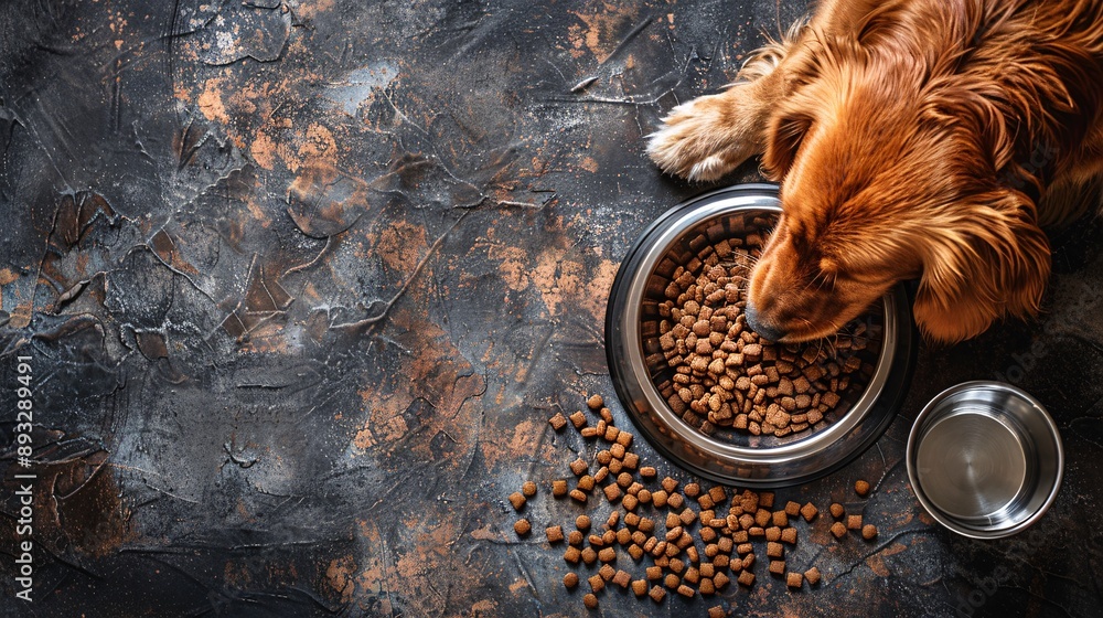 Poster illustration of a stainless steel food bowl filled with kibble and a water bowl beside it centered w