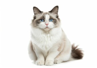 Fototapeta premium Cute Smiling Ragdoll Cat Sitting on a White Background, Realistic HD Photography