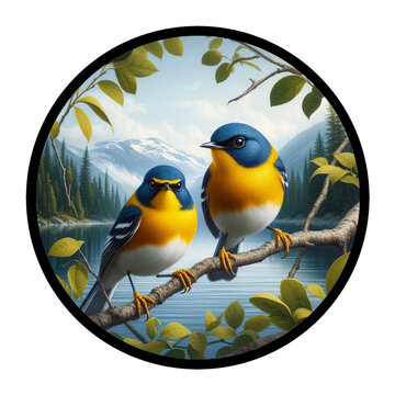 A circular 3D rendered watercolor painting of a male and female Northern Parula, perched on a tree branch, isolated on a transparent background