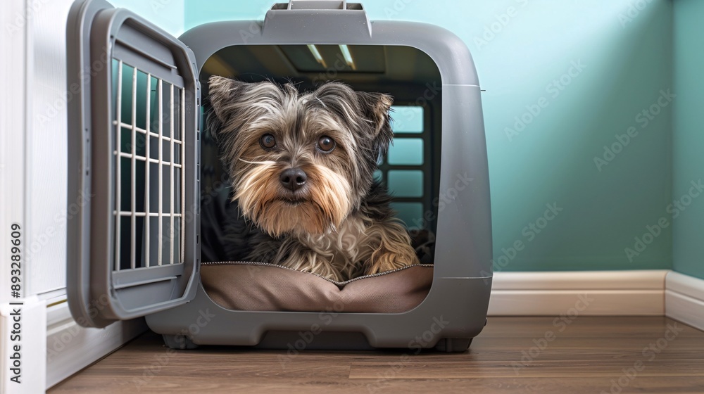Poster Illustration of a pet carrier with an open door and a small dog peeking out centered with empty space around the edges Stock Photo with copy space